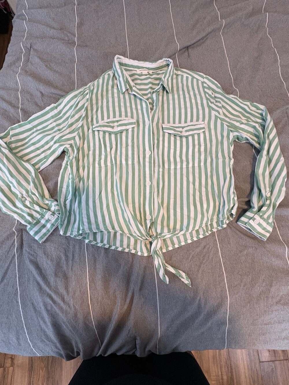 Beachlunchlounge Button Down Shirt Size L Green White Striped Tie Front